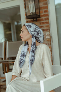 Black + White Floral Toile Tichel (Square, Square w/ non visible grip, Pretied w/ grip, 2 in 1 Pretied w/ grip)