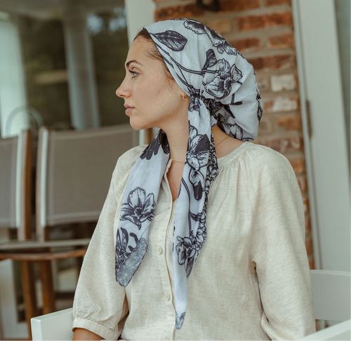 Black + White Floral Toile Tichel (Square, Square w/ non visible grip, Pretied w/ grip, 2 in 1 Pretied w/ grip)